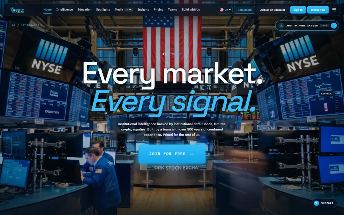 Quasar Markets homepage — trading-floor imagery with the headline “Every market. Every signal.”