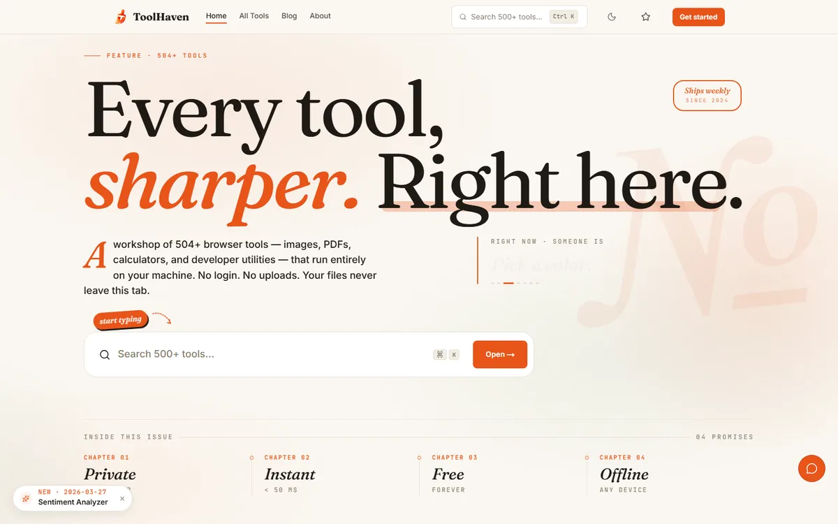 ToolHaven homepage — editorial landing page with a search box over 500+ browser tools
